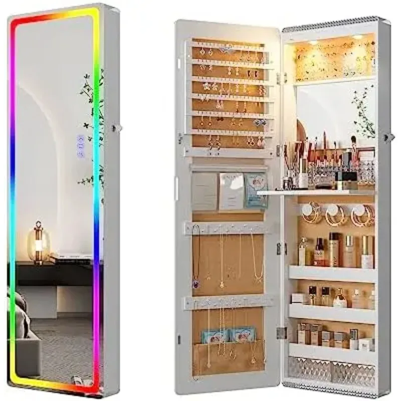 Over the Door Jewelry Organizer with LED RGB Lights, 47.2" Full Length Mirror with Storage, Wall Mounted Jewelry