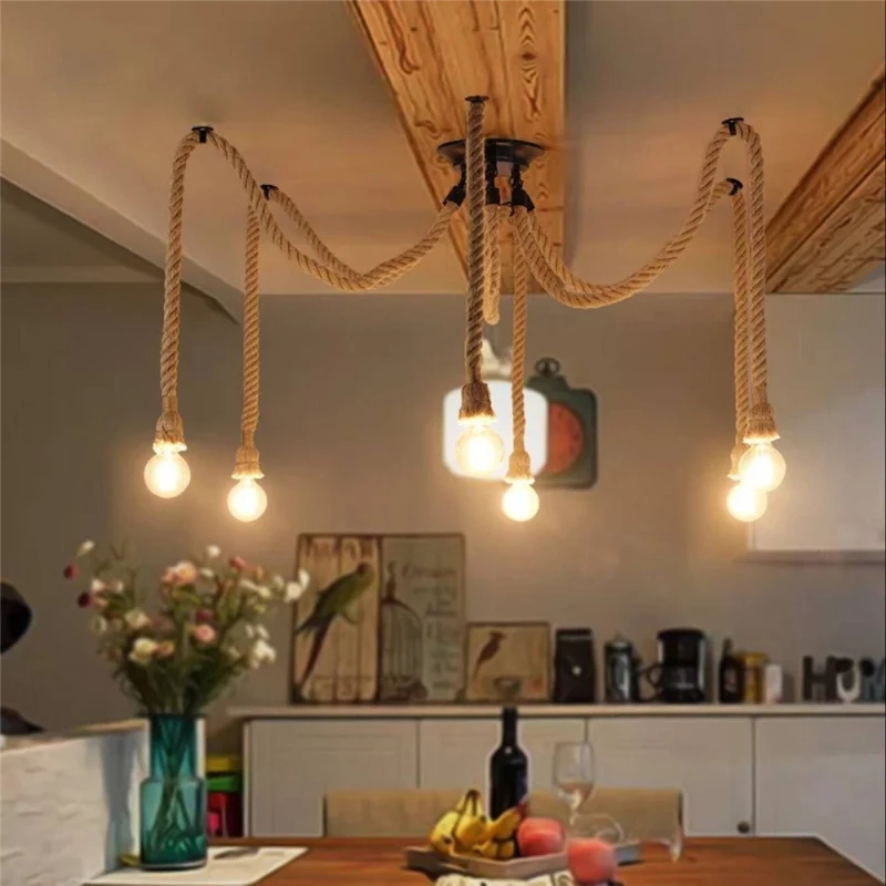 Loft Hemp Rope Pendant Lamp Vintage Net Spider Chandeliers Ceiling Pendant Creative Bar Lamp DIY Cafe Fairy Lights Weave Wire