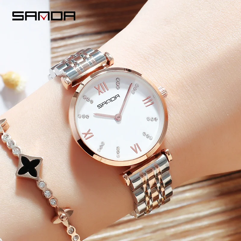 SANDA P235 Full Steel Women Watch Charming Crystals Decoration Roman Numeral Dial Premium Lady Quartz Movement Relogio Feminino