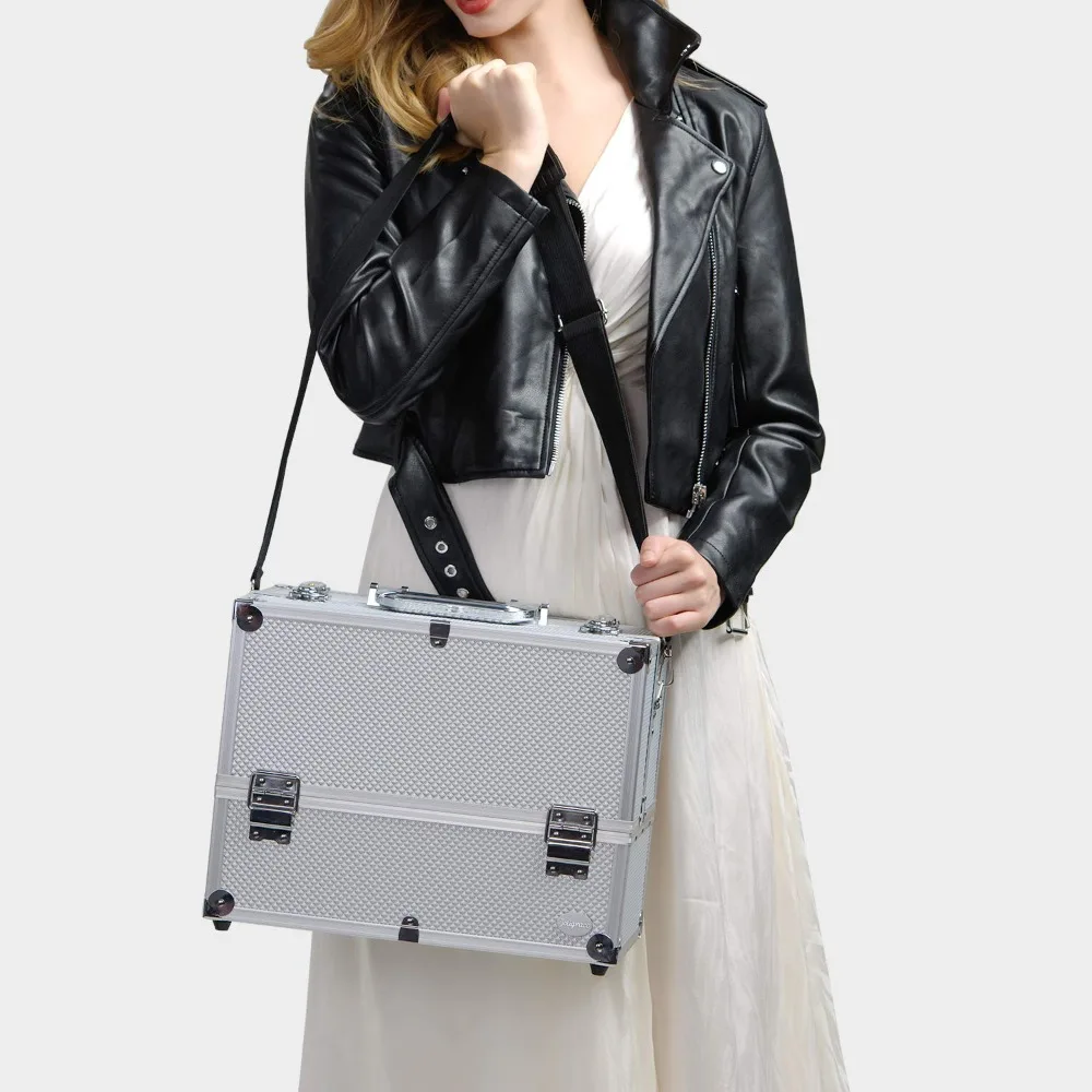 Extra Large Makeup Train Case 6 Tray Lockable Cosmetic Organizer with Adjustable Dividers & Shoulder Strap - Silver view 3
