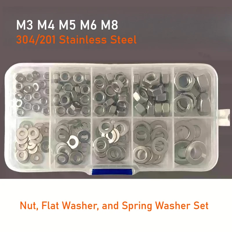 M3 M4 M5 M6 M8 304/201 Stainless Steel Hex/Square/Flange Nuts/Spring Split Lock Washer and Flat Washer Assortment Kit