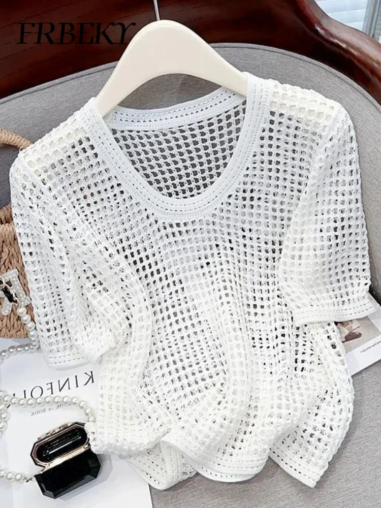 Streetwear Jumper Summer Hollow Thin Short Sleeve Loose Round Neck Knitwear Outerwears Oversized Sweater Women Korean Fashion
