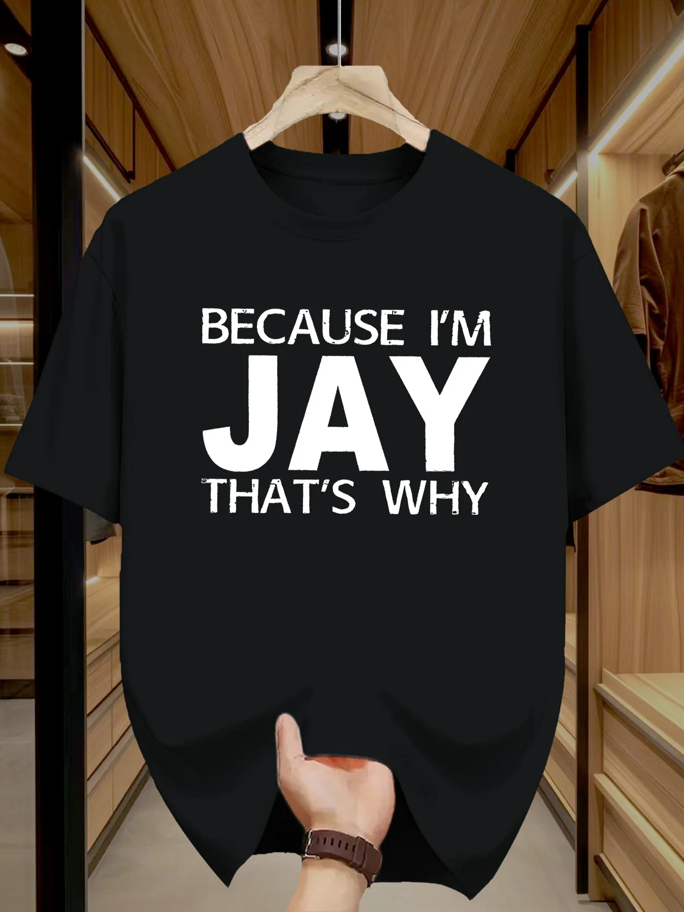 

Men's Casual Crew Neck Short Sleeve T-Shirt - "Because I'm Jay" patterned print, four-season comfort, slightly stretch knitted