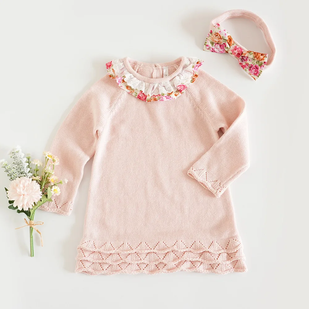 deer jonmi 2026 New Autumn Toddlers Girls Knitted Dresses Long Sleeve Lace Ruched Baby Kids Pink Dress With Headband
