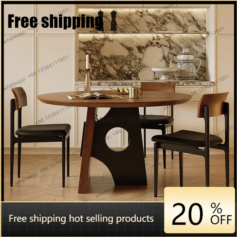 HJ French retro ash wood solid wood dining table ancient wabi wind round table