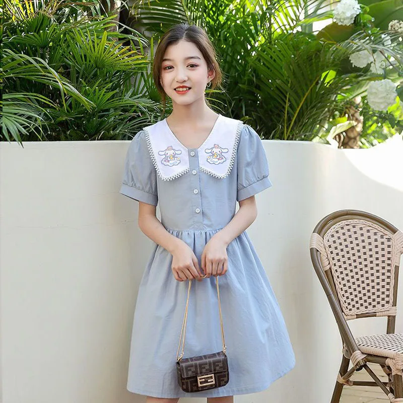 Vestido de Anime Sanrios Kawaii Cinnamoroll para niñas, dulce vestido de princesa, moda de manga corta, una línea, ropa Preppy de verano para niños