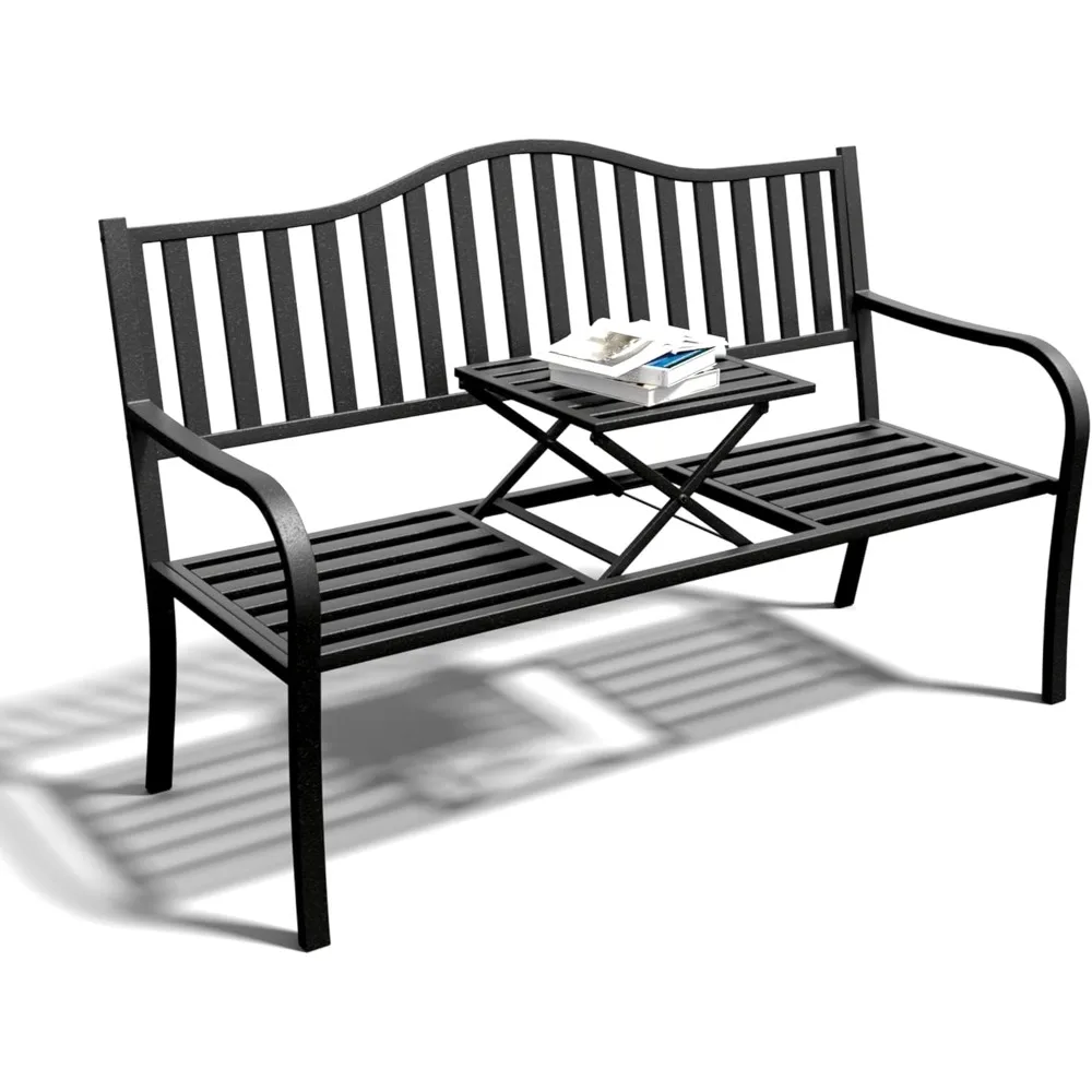 

Outdoor Bench, Garden Bench, Cast Iron Metal Frame Patio Park Bench with a Small Table, for Porch, Lawn, Garden