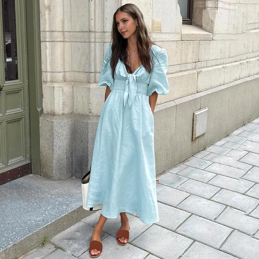 

Mid-calf Length Dress Elegant Lace-up V Neck Summer Dress with Puff Sleeves Side Pockets A-line Midi Dress for Women High for A