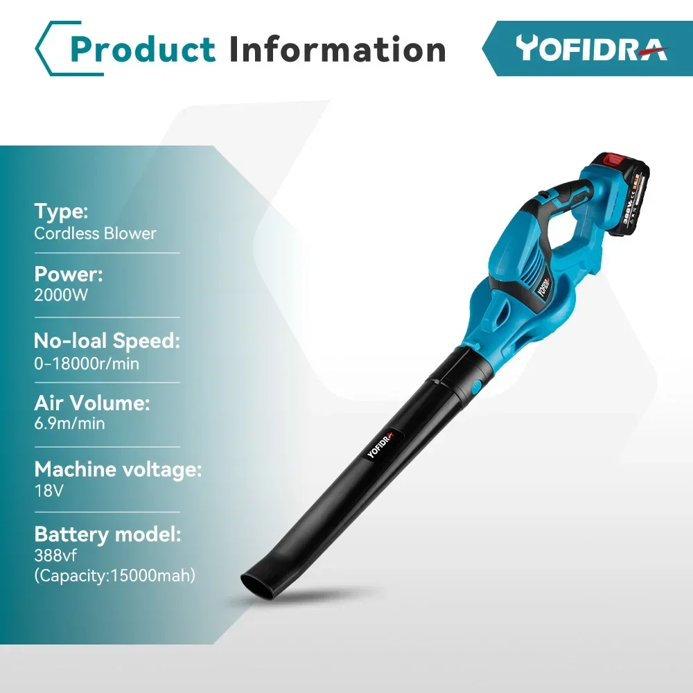 Yofidra-Souffleur d\'air électrique sans fil pour Makita, outil de jardin, haute injuste, déterminer le cuir chevelu, la neige, la poussière,