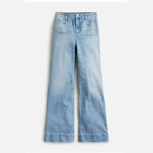 Cross Front Pocket Washed Denim Pants for Women High Waist Stretchy Wide Leg Straight Leg Trousers