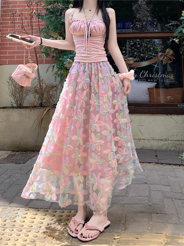 Women's summer new French style heavy industry high-Waist color-blocking floral embroidery sequin mesh umbrella skirt