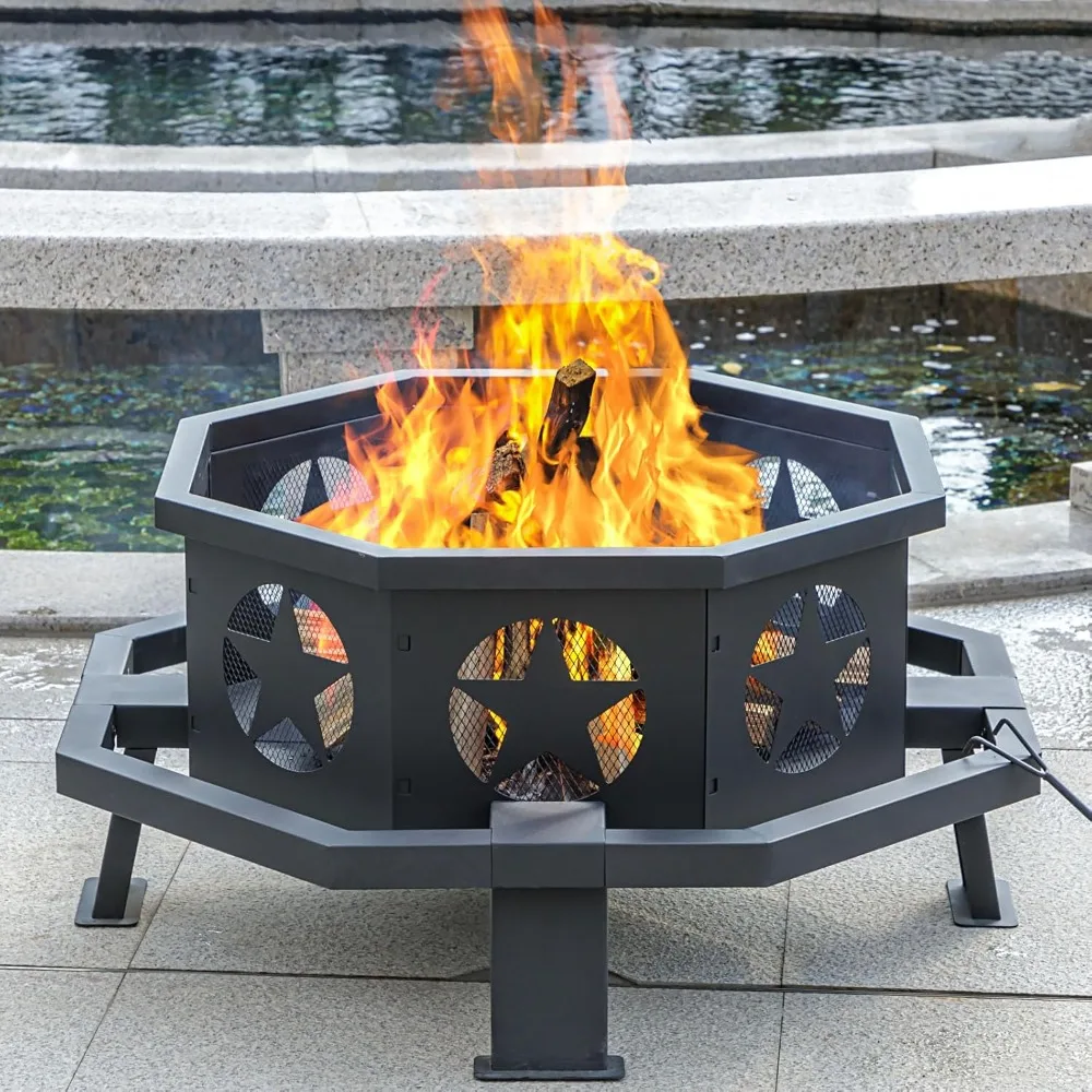

35 inch Fire Pit for Outside, Heavy Duty Wood Burning Fire Pits with Fire Poker, Outdoor Octagonal Firepit for Camping, Yard, Pa