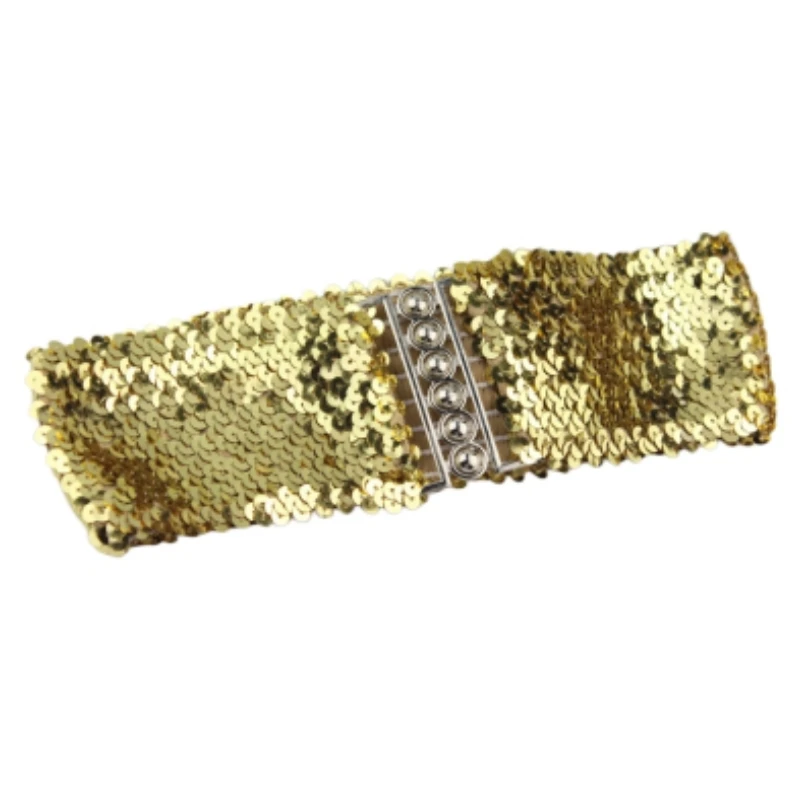 Gold Silver Color Belt Cool Punk Sparkling Sequins Elastic Stretch Wide Waistband Women Dress Waist Belt Jewelry Accessories