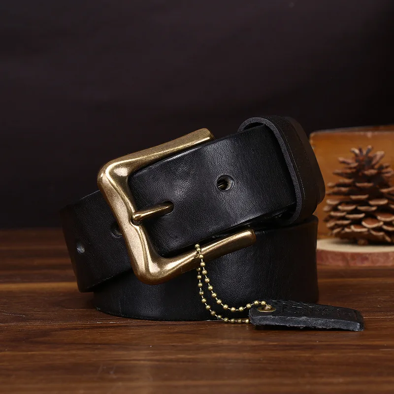 Men's High-end Retro Italian Handmade Top Layer Cowhide Belts Man Genuine Leather Brass Buckle Leisure Style Jeans Strap Belt