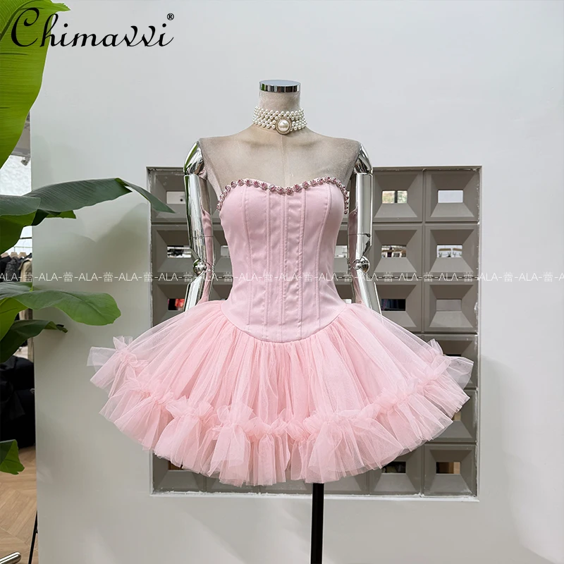 

French Elegant Sweet Princess Birthday Party Dresses Diamond Fishbone Slim Mesh Spliced Strapless Short Pink Evening Dress Women