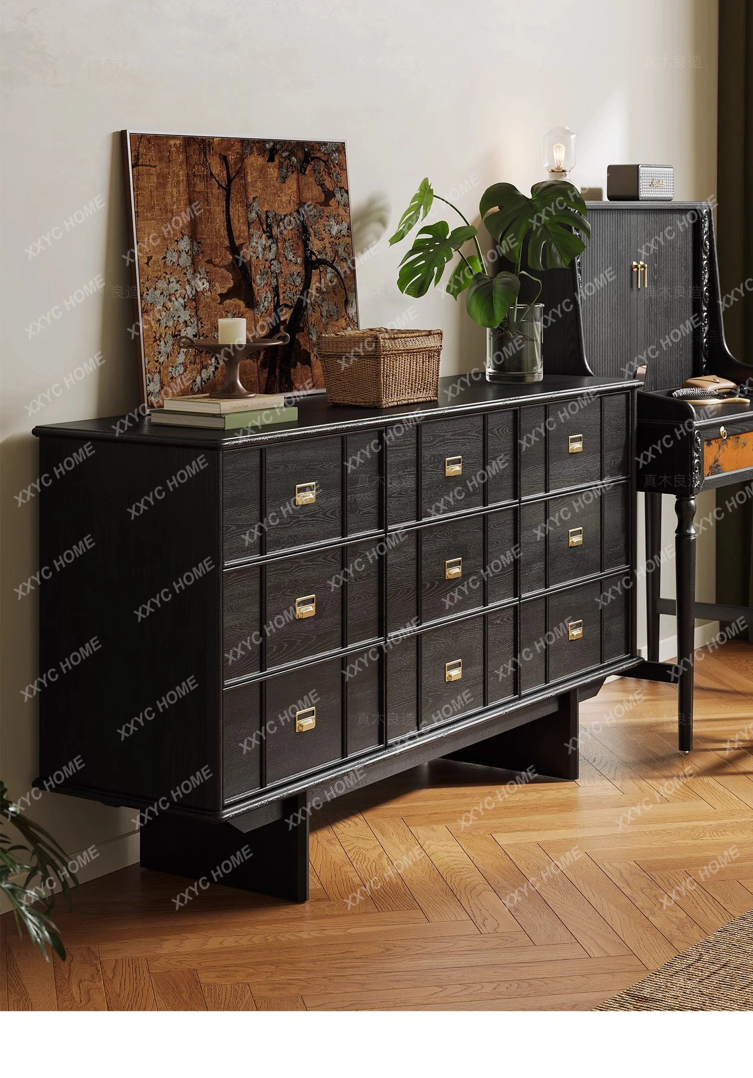 

X Retro Geometric Nine-bucket Cabinet, Antique Chest Cabinet, All Solid Wood Retro Simple Ash Wood Dining Side Cabinet