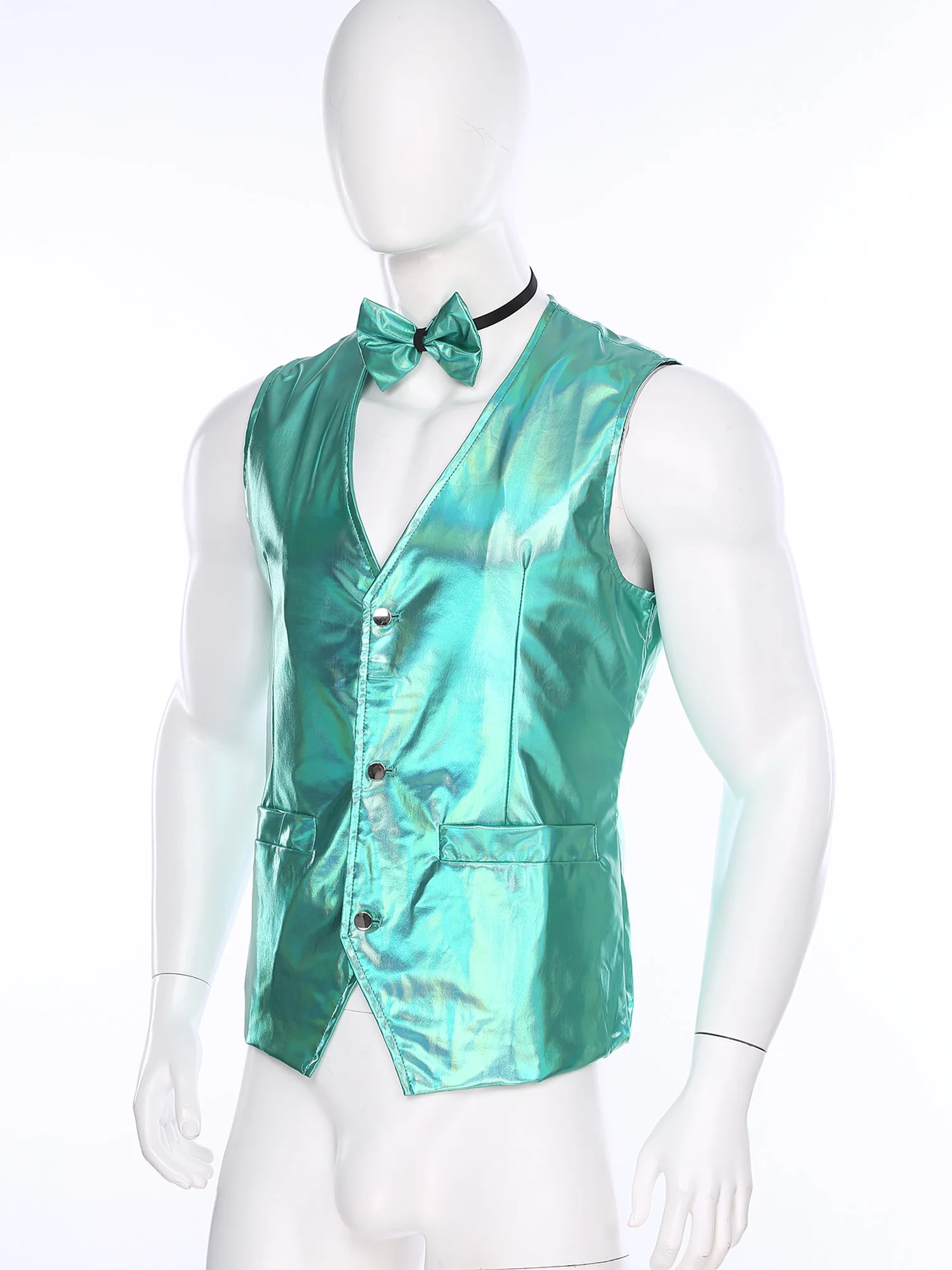 Fashion Mens 70s Disco Shiny Vest Sleeveless Pointed Hem Button-down Waistcoat with Bow Tie Party Gentleman Blazer Vest Costume
