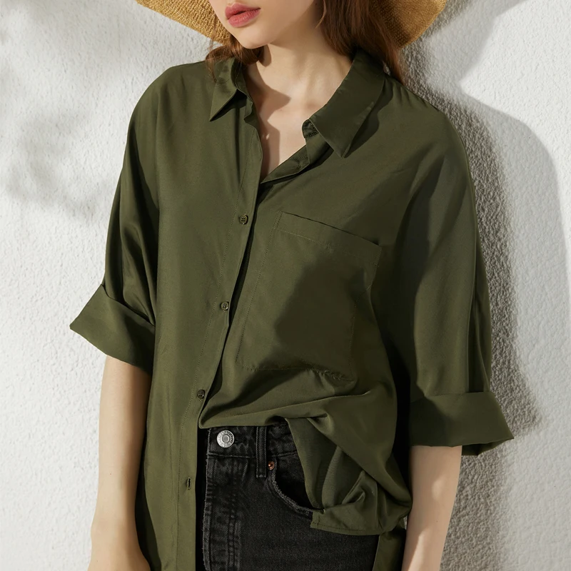 BirdTree, 25%Natural Silk Elegant Shirt, Women Half Sleeve Solid, Classic Vacation Loose OL Blouse, 2024 Summer Autumn T40630CC