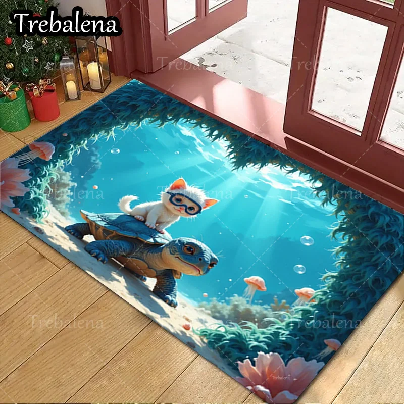 

1pc Welcome Door Mat Cute Cat and Turtle Underwater Scene Doormat for Home Decor