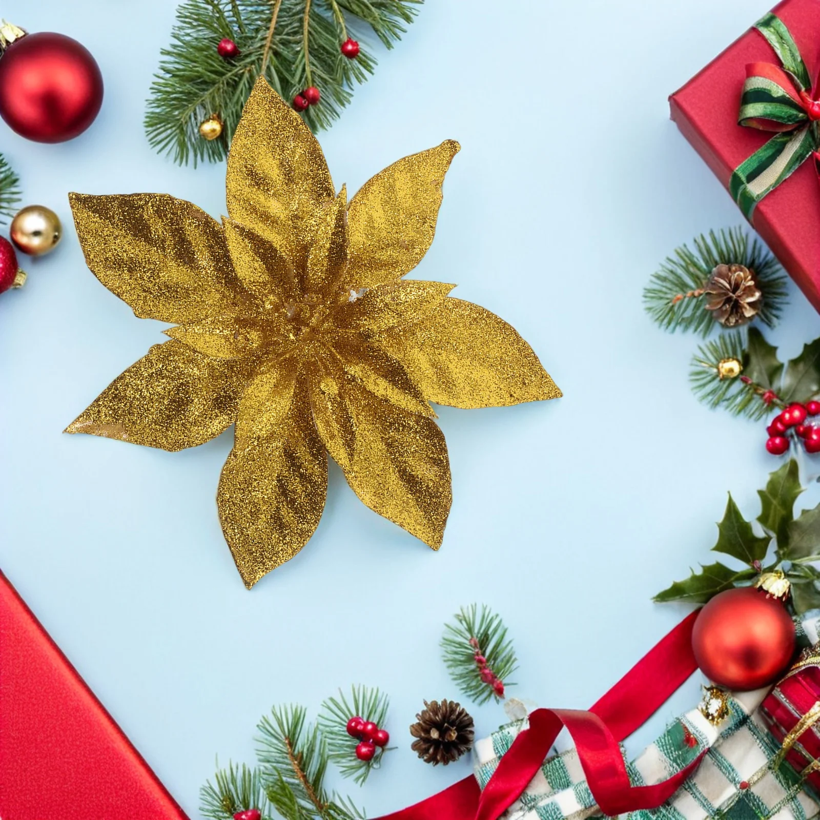 

12Pcs Gold Artificial Poinsettia Flowers Glitter Christmas Tree Ornaments for Home Holiday Decor Wreath Garland Decoration