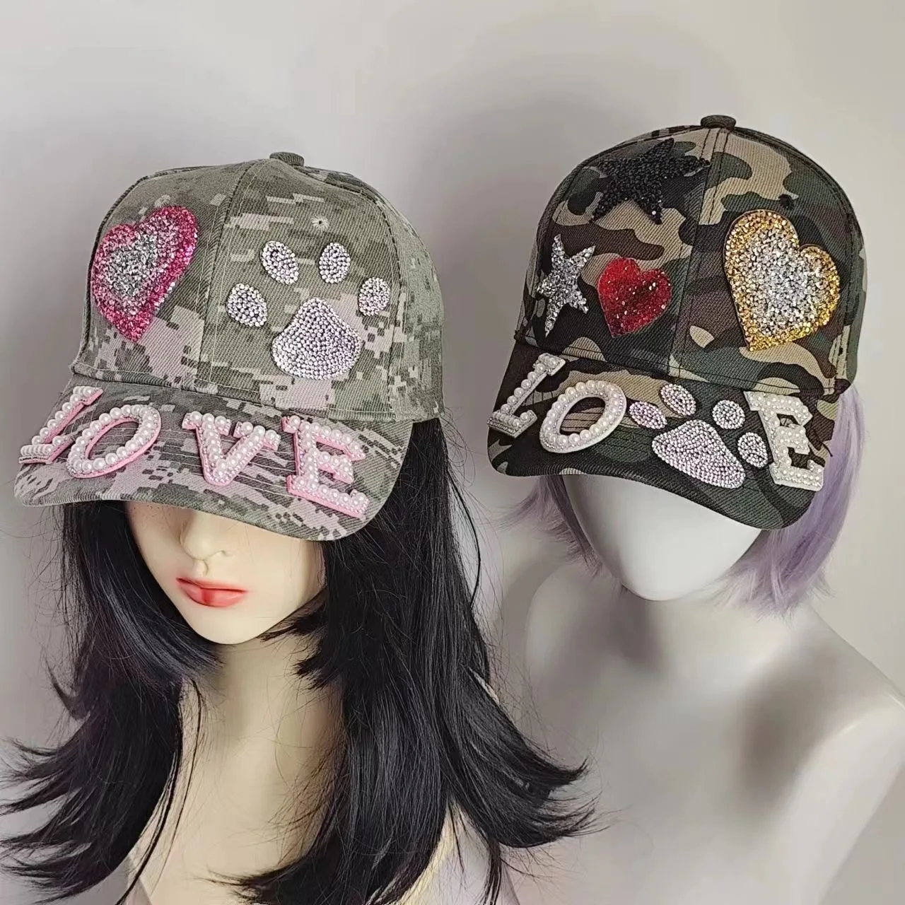 Y2K Rhinestones Love Spice Girl's Baseball Cap - Adjustable Snap-back Hat, Fashionable Camouflage Hat Lolita Headwear
