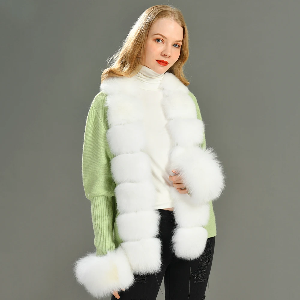 Drop Shipping Cardigans with Fur Fashion European Style Real Fox Fur Sweater Women Wool Knitted Cashmere Ladies Fur Coats Autumn