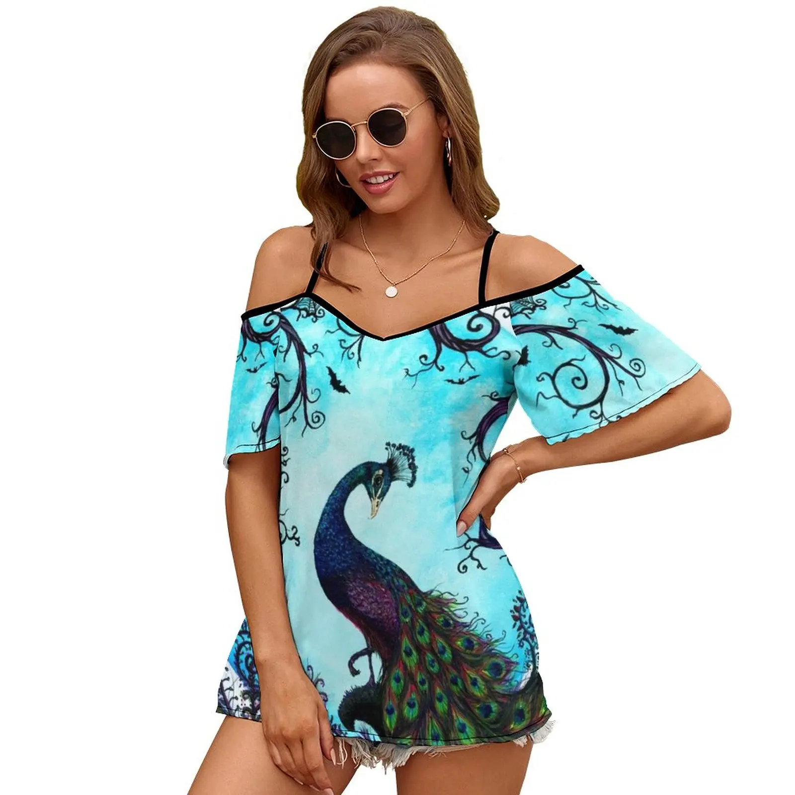 From Dusk Til Dawn 2207 Women Print T Shirt Casual Off Shoulder Loose Pullover Tops Fashion Clothes Peacock Woods Purple Moon