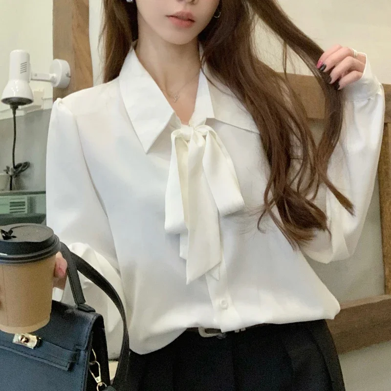 ボウレースアップランタンスリーブ女性ブラウスY2Kレディース無地プラスサイズシャツファッション韓国風スイート新作シングルブレストレディーストップス