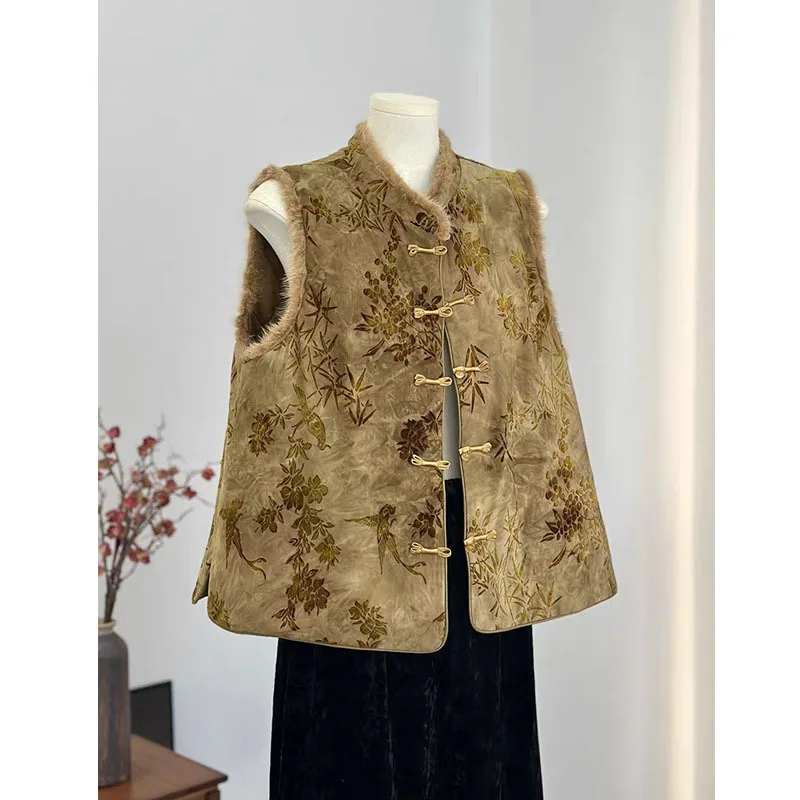 

Autumn Winter New West Chinese Style Sleeveless Top Female Elegant Button Down Tang Clothes Jacquard Flower Qipao Top Jacket