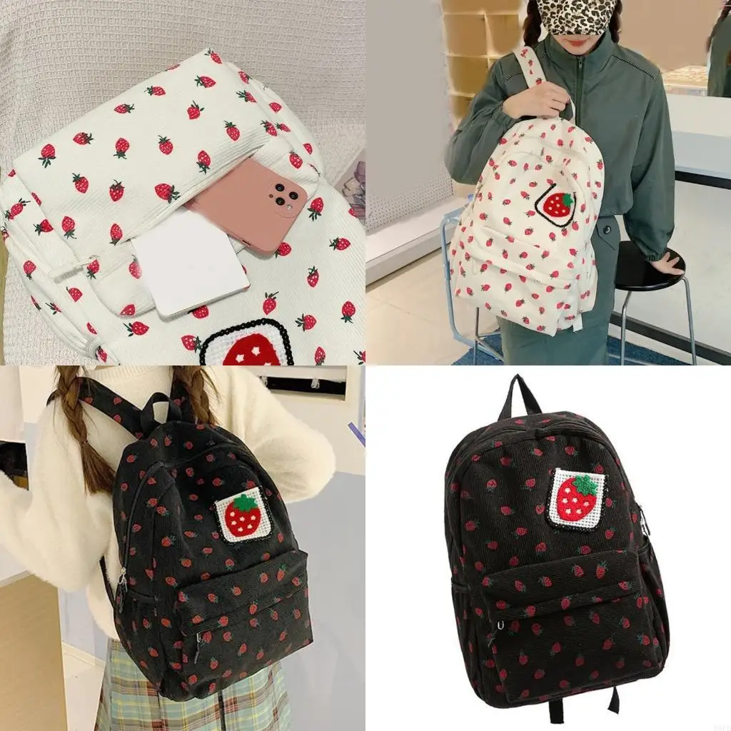 

Travel Bag for Woman and Girls Corduroy Book Bag Lovely Strawberry Backpack Laptop Bag Students School Backpack