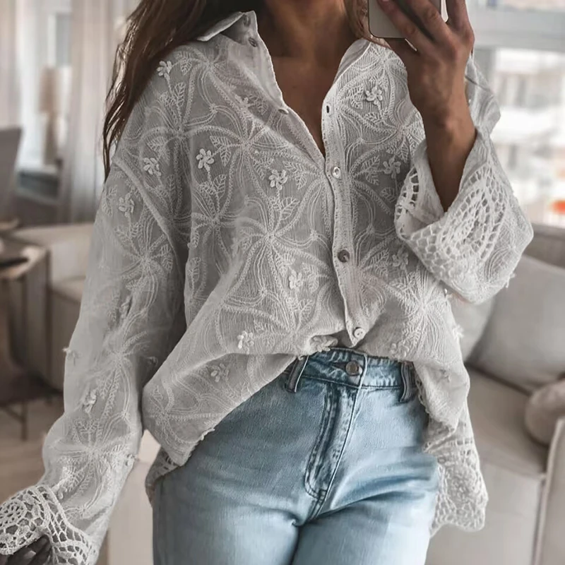 

2025 Women Long Sleeve Turn Down Collar Loose Blouse Chic Single Breasted Female Tops Elegant Floral Solid Lace Office Shirt