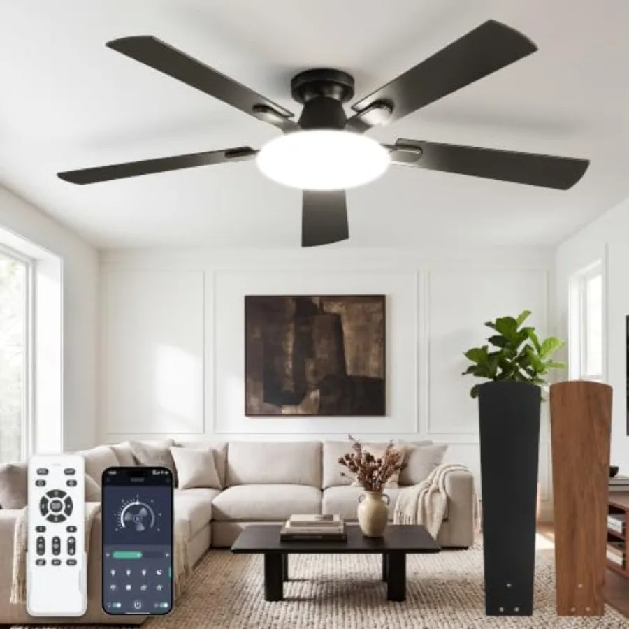 Flush Mount Ceiling Fans with Lights, Remote and APP Control Bright Light, 3CCT, Memory Function, Timer, Reversible Blade, Quie