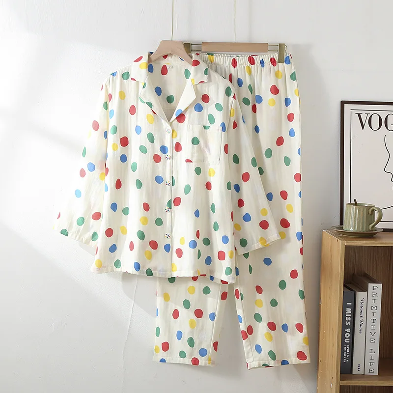 2025 Cotton Double Gauze Pajamas Women's Color Polka Dots Turn-down Collar Loungewear Thin Long Sleeve Pants 2 Piece Sets