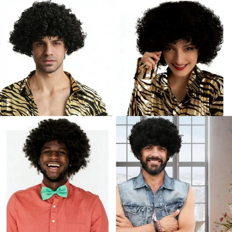 Perruques synthétiques bouclées unisexes, chapeau Disco Hippie Rock Punk Style Afro pour hommes et femmes, perruques de Cosplay de fête d'halloween, couvre-chef