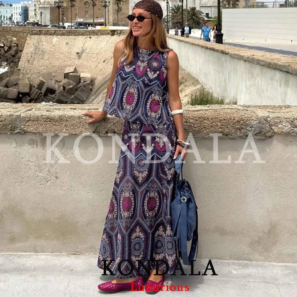 KONDALA Vintage Damen Urlaubs-Blumenanzug Stickerei Ausgehöhltes Ärmelloses Oberteil Langer Reißverschluss-Rock Mode 2026 Sommer Boho Sets