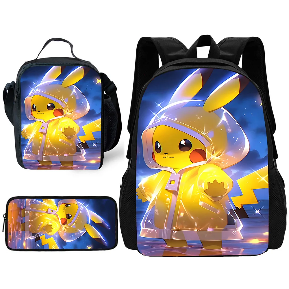 Cartoon  Child School Backpack with Lunch Bags ,Pencil Bags , Pi-ka-chu School Bags for Boys Girls Best Gift  P-PokémonS