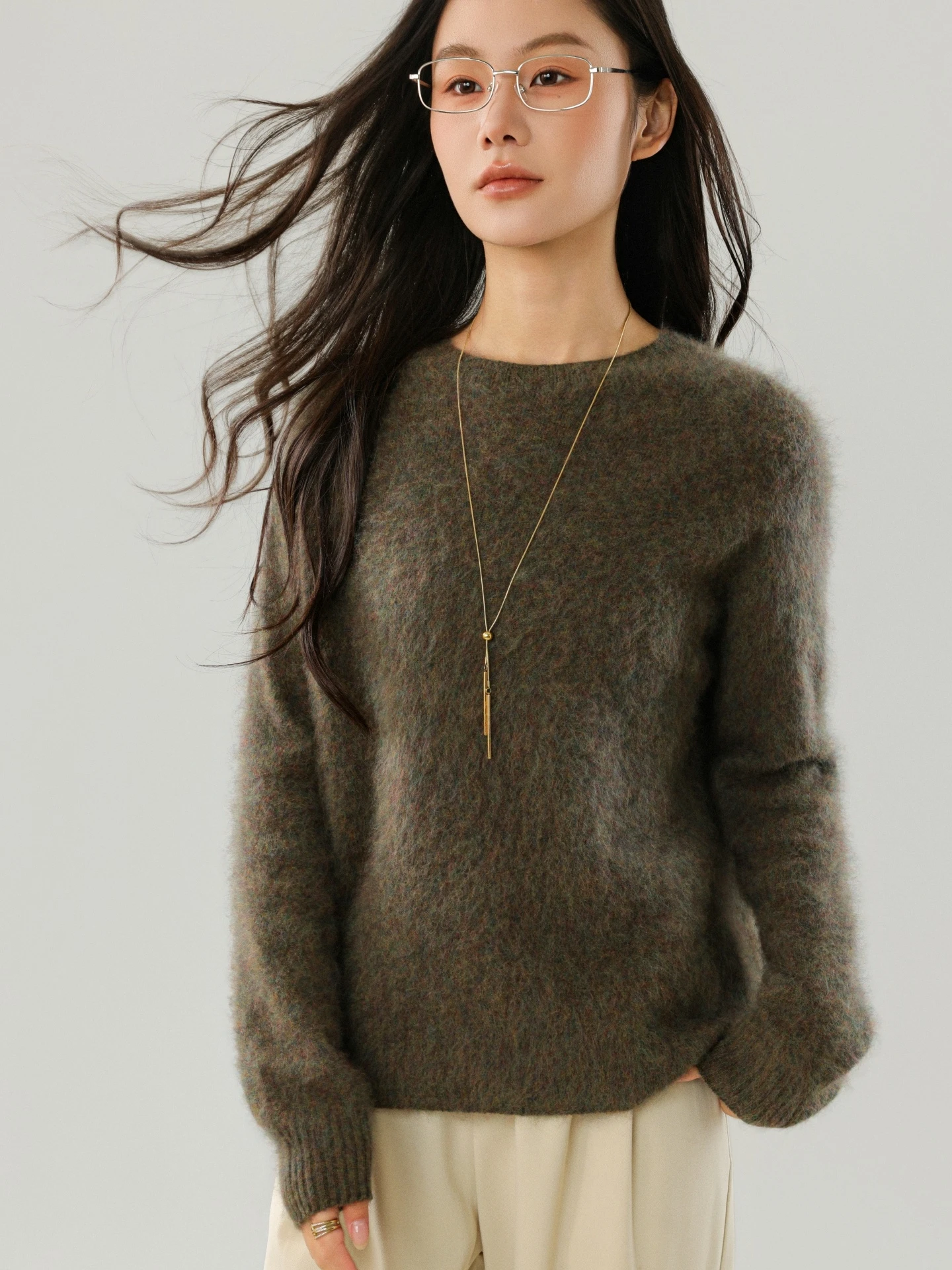 Elegant Brushed Cashmere Blend Woman Sweater Autumn Winter Knit Pullover Merino Wool Long Sleeve Clothing Top Lady Fuzzy Jumper