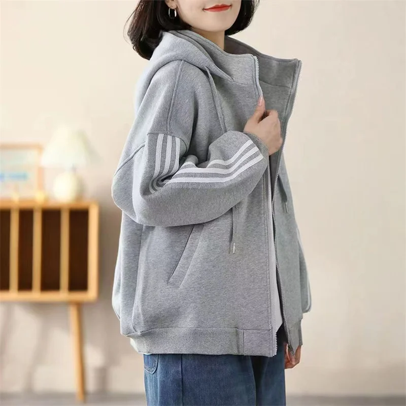 Leisure Sports Hoodie Jacket Female Plush Thickened Autumn And Winter Korean Version Loose Thin Fat Cover Meat Fashion Jacket