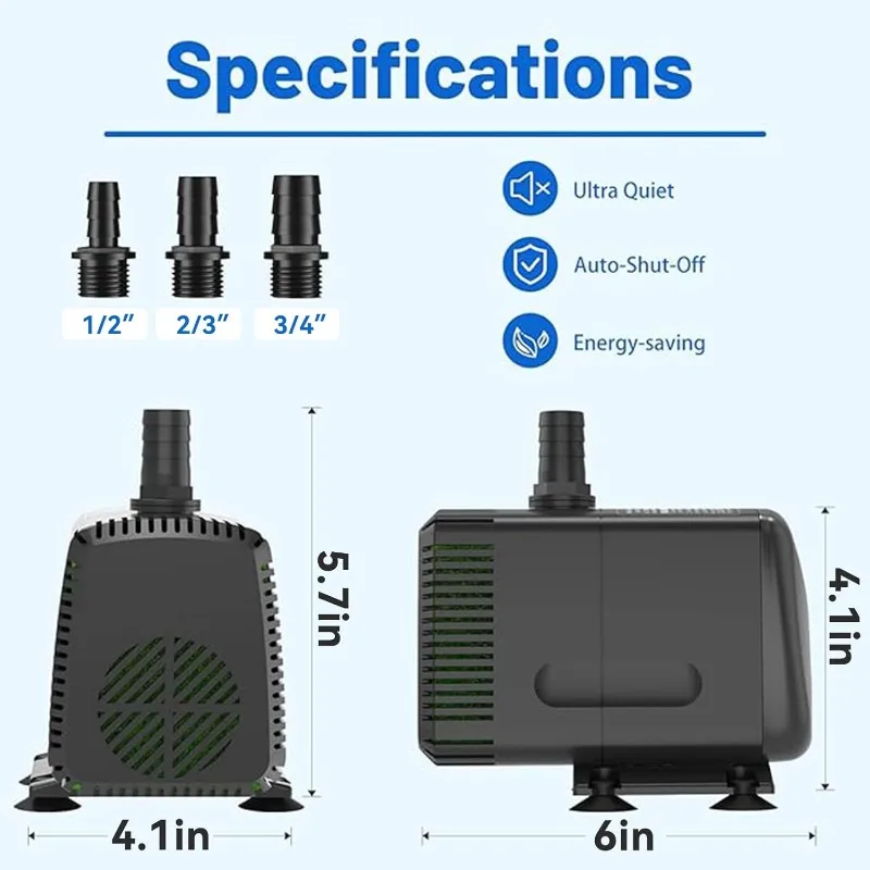 Bomba sumergible de 880GPH (3500 L/H 60W) con apagado automático, elevación alta de 10 pies para fuentes, hidroponía, estanques, acuarios y más