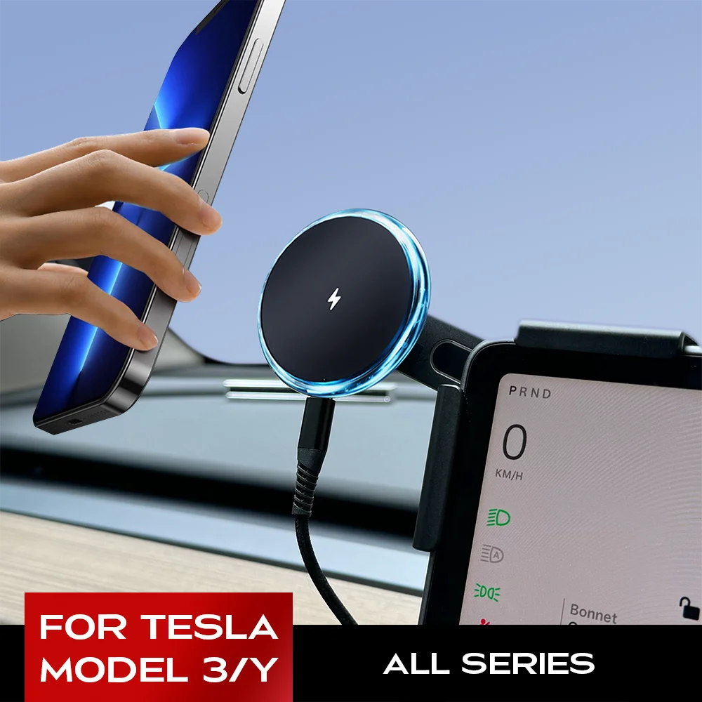 Blue Light Ring Magnetic Wireless Charger Compatible with MagSafe Phone Holder Screen Mount For Tesla Model Y 3 Juniper Launch