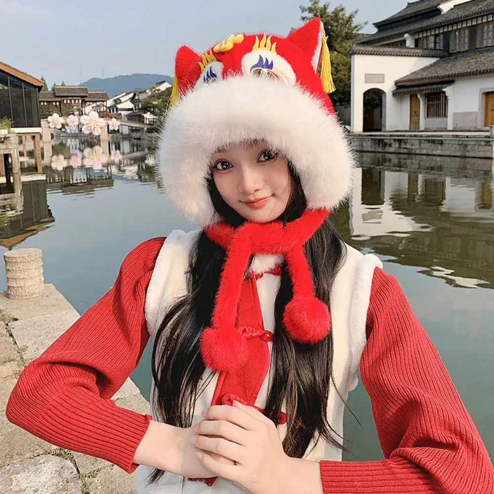 Fashion Ear Muffs Lion Dance Beanies Hat Lace Up Thickened Winter Plush Warm Hat Cute Tassels Scarf Gloves Hat New Year Gift