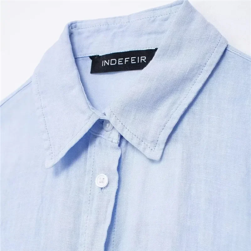 Blue Long Shirt Woman Collar Oversize Linen Shirt For Women Summer Pleated Long Sleeve Blouses Stylish Button Up Shirt