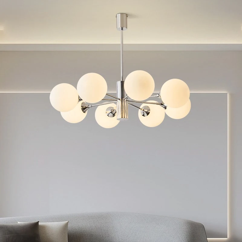 Bauhaus Chandelier Milky White Glass Lamp Shades LED Multihead Chrome Light for Bedroom Living Room Indoor Dining Hanging Lights