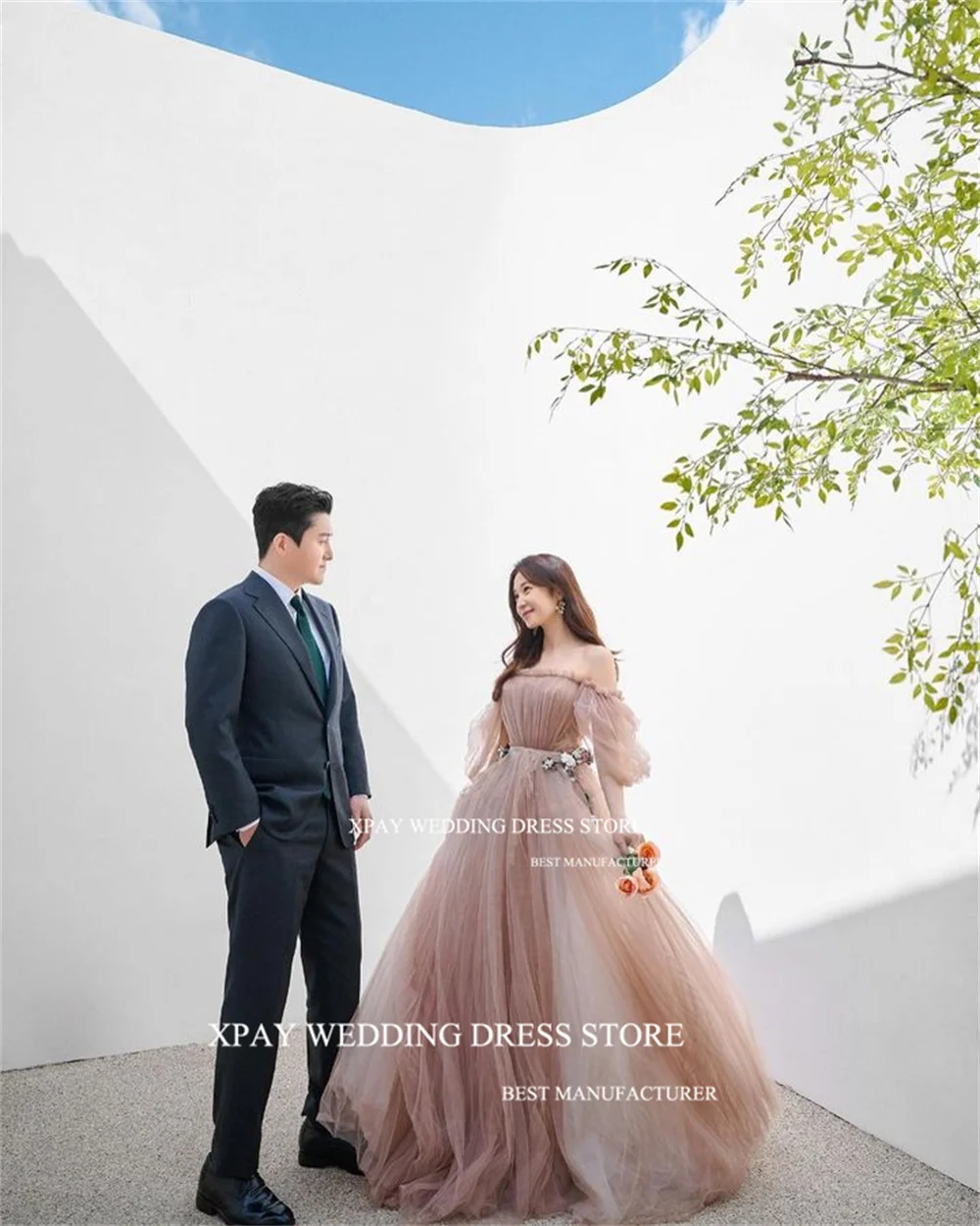 XPAY Boat Neck Korea Evening Dresses Long Puff Sleeve Wedding Photo Shoot Prom Gown Off Shoulder Customised  Formal  Dress