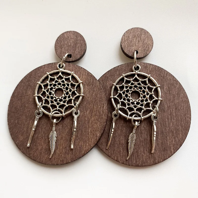 Dream Catcher Vintage Wooden Earrings Personality Exaggerate Bohemian Geometry National Style Earrings for Women Gift Jewelry