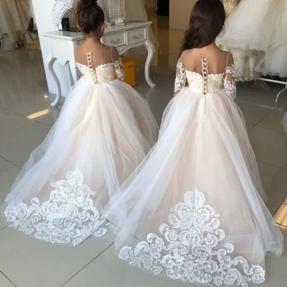 

Champagne Trailing Flower Girl Dresses Lace Long A Line Children Kids Girl Wedding Birthday Holiday Party First Communion Dress