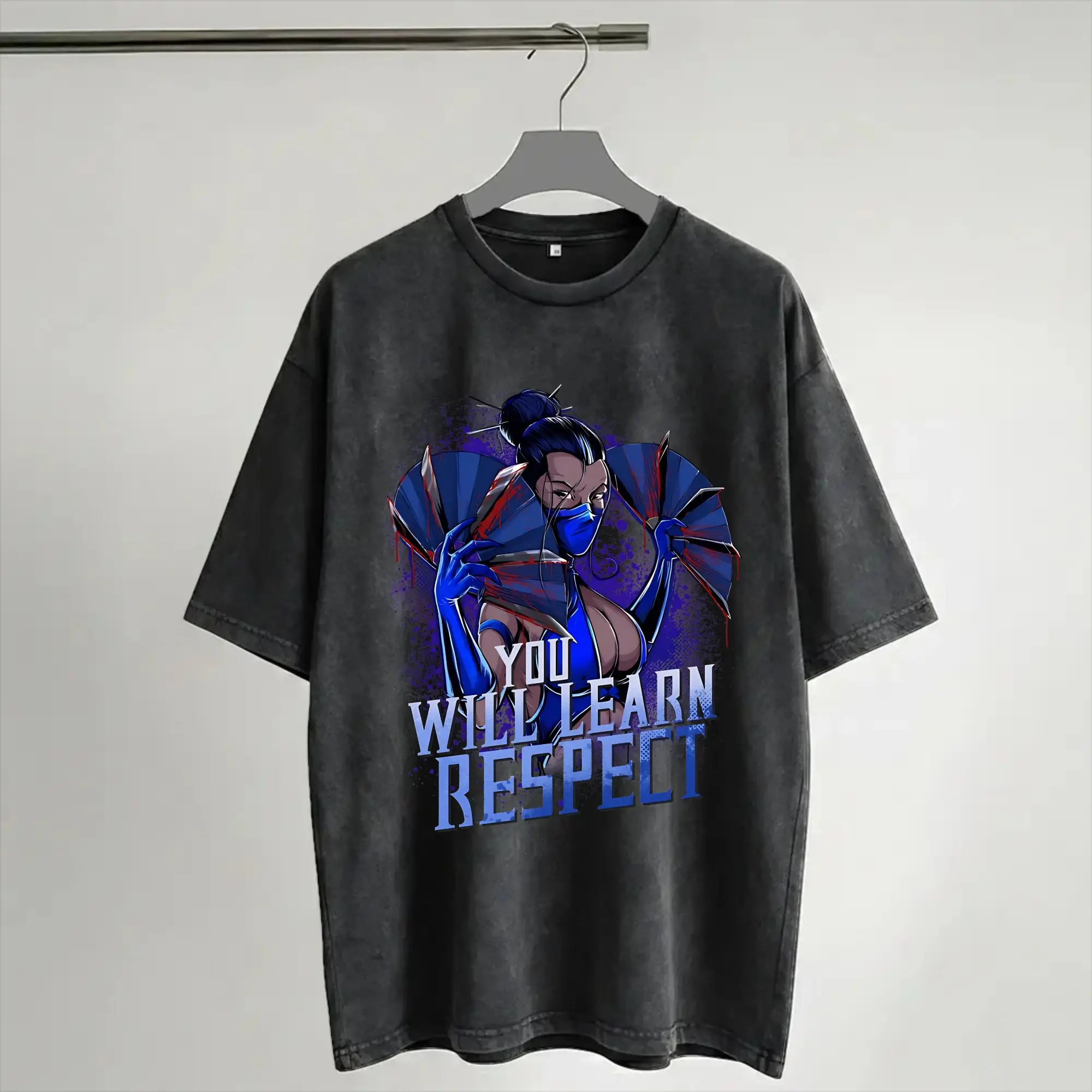 Kitana You Will Learn Respect Mortals Kombats Washed T Shirts Streetwear Hip Hop Vintage T-Shirts  Tee Shirt Men Women