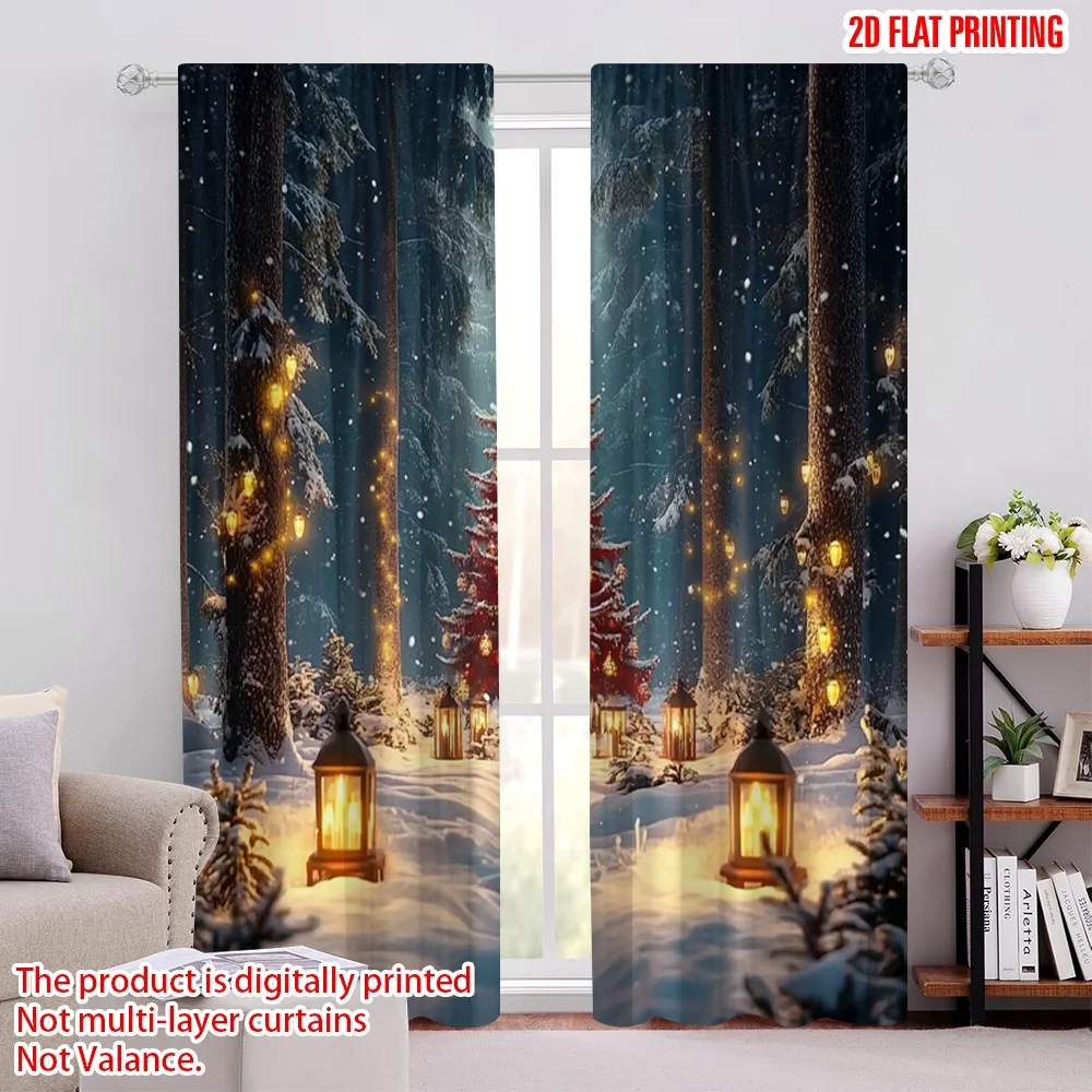 

2pcs 2D flat printing Christmas Party Curtain christmas trees 100% Polyester Without Electricity Holiday Decorations Use for