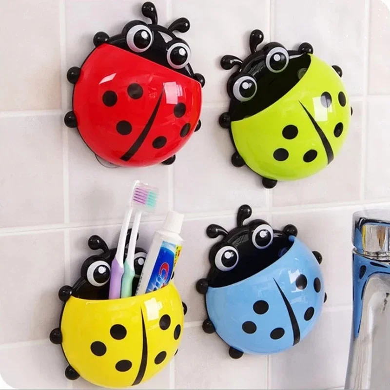 Cartoon Ladybug Toothbrush Holder Wall Mounted Remote Control Shelf Household Toothbrush Toothpaste Holder Container Accessories