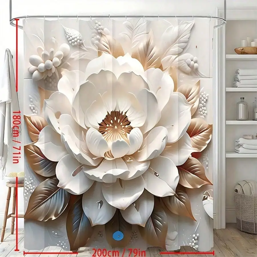 3D Floral Pattern Shower Curtain Set, Waterproof And Non-Slip Bathroom Shower Curtain Partition Curtain With 12 Hooks